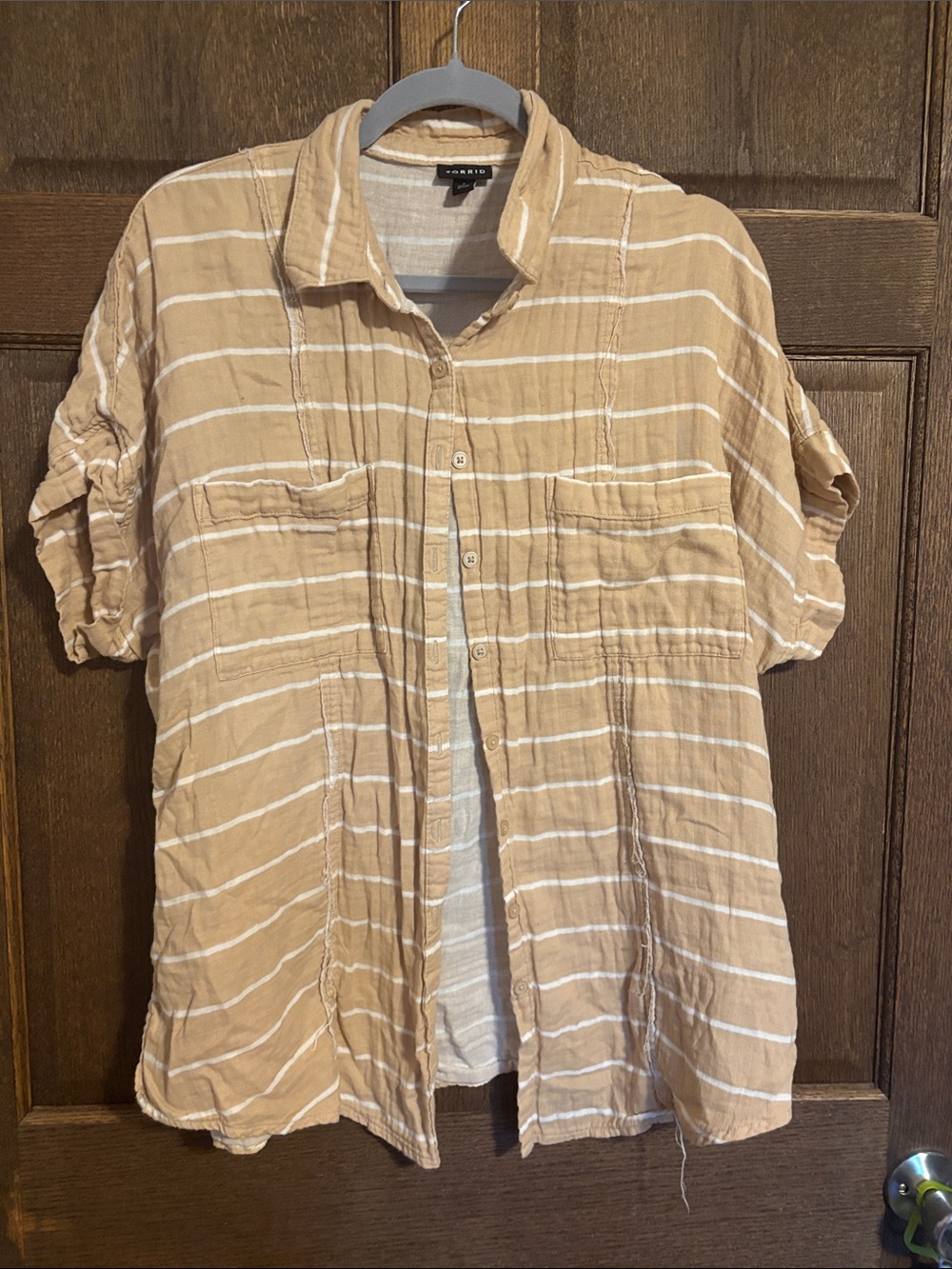 Casual Tan Striped Button-Up Shirt - Lightweight Shirt